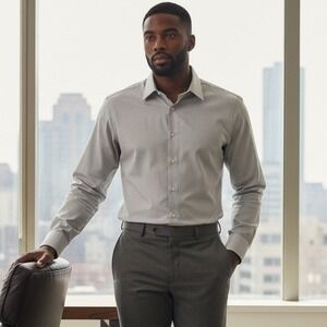 Cremieux Mens Slim Fit Dress Shirt 17.5 35 Grey Micro Stripe Pima Cotton NonIron